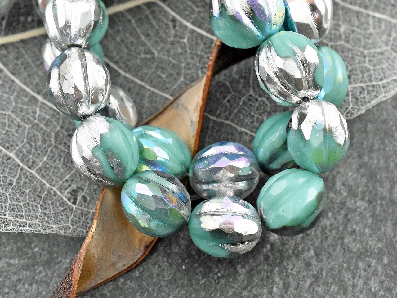 12 10mm Silver Washed Turquoise AB Faceted Round Melon Beads